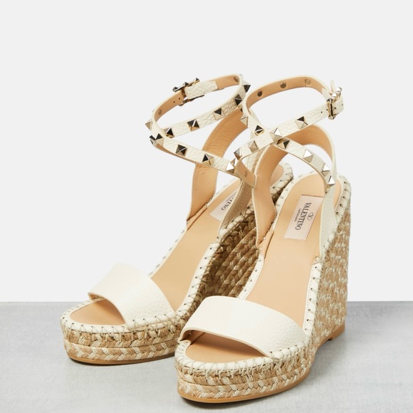 Valentino Garavani Wedge - white leather with metallic threads iconic Rockstuds - Picture 1 of 7